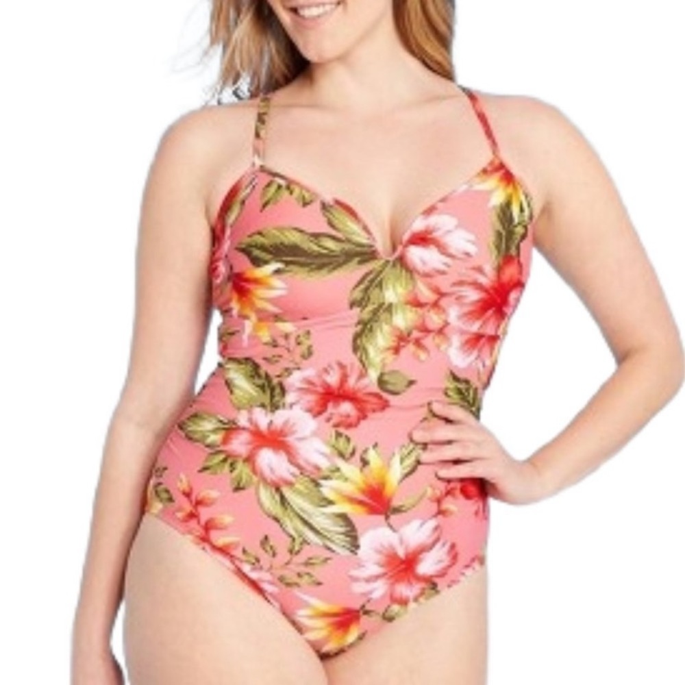 Kona Sol Pink Tropical One Piece Swimsuit Womens Medium / Plus Size 24W NEW